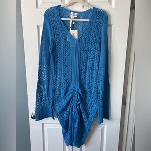 SNDYS Blue Knit V-Neck Drawstring Beach Cover Up Mini Dress Size L